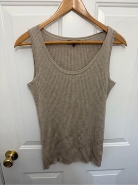 Lafayette 148 Beige Wool Sleeveless Ribbed Top S Metallic Accents Career Capsule